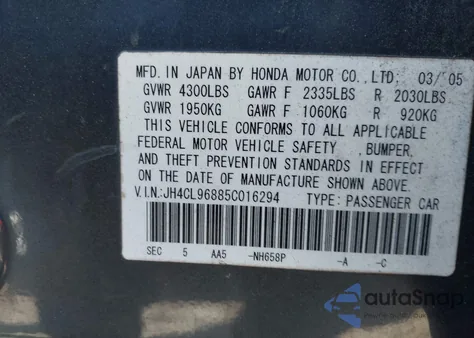 2005 Acura Tsx из США, поврежденный, VIN JH4CL96885C016294